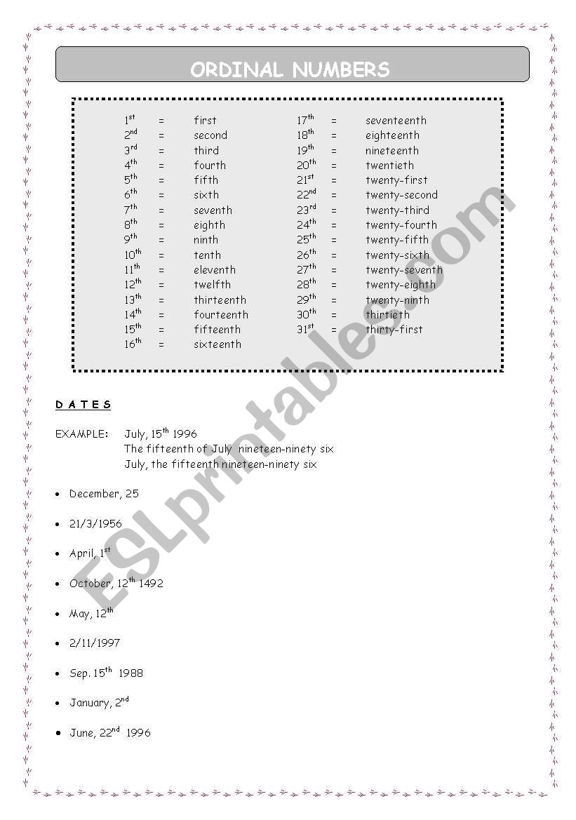 Ordinal Numbers worksheet