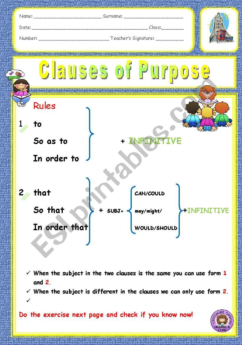 Clauses of Purpose worksheet