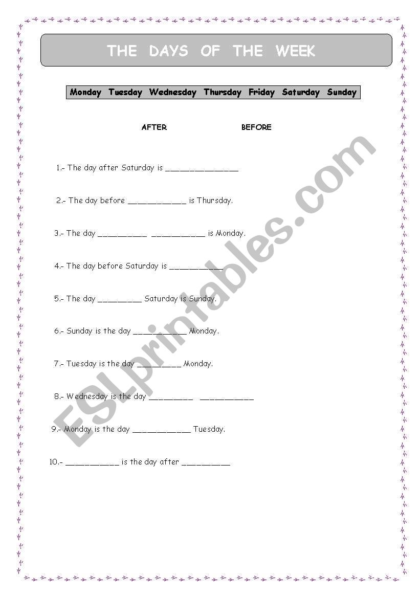 Days of the week worksheet