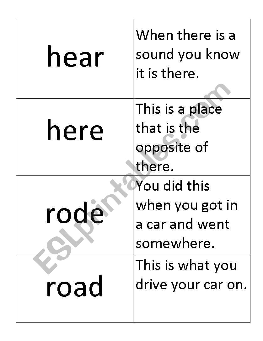 homophone cards worksheet