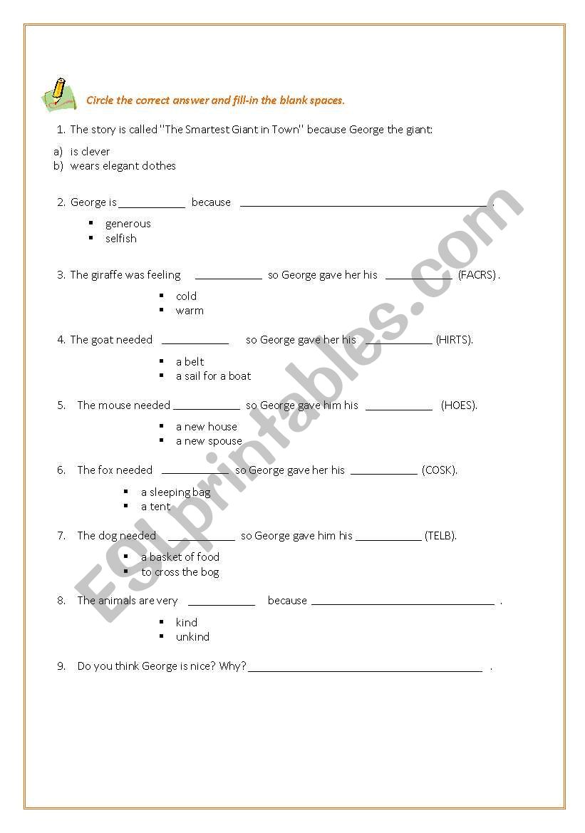 The Smartest Giant worksheet