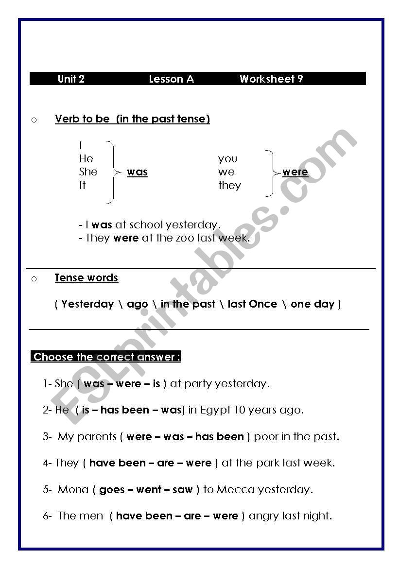 verb to be past worksheet