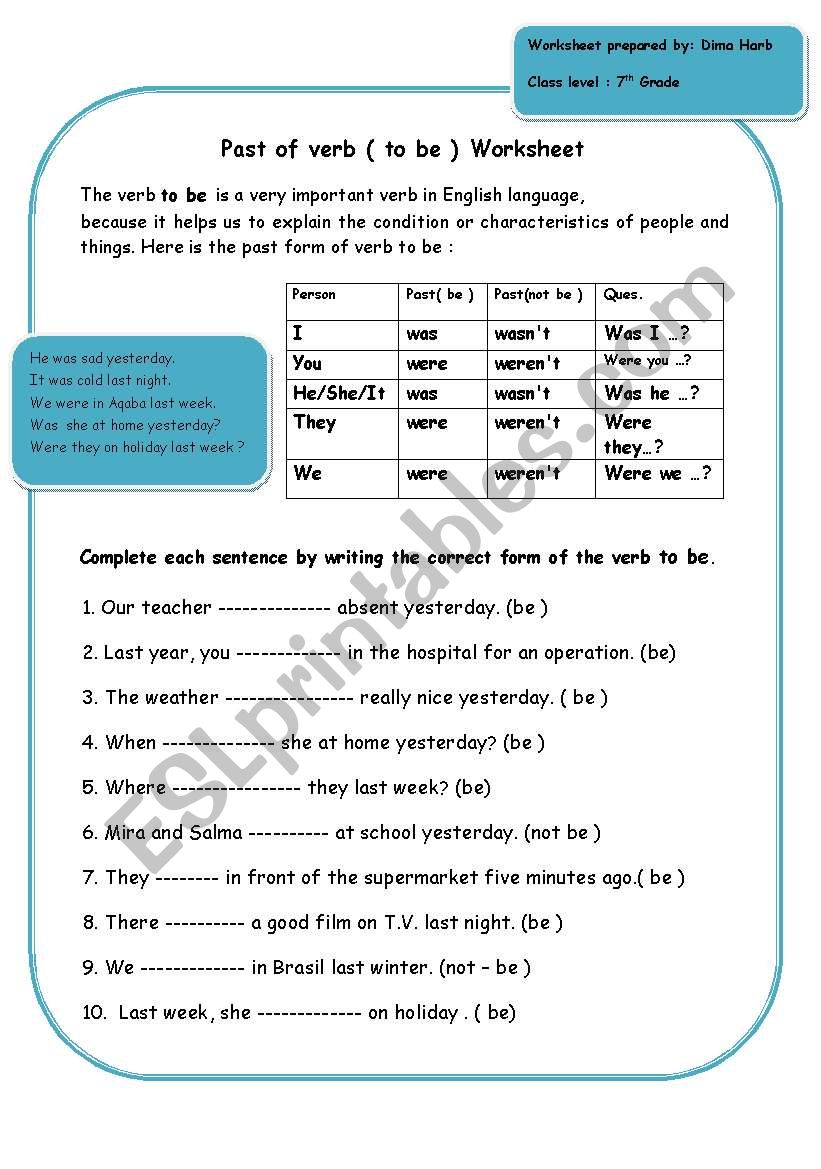 past form of verb to be  worksheet