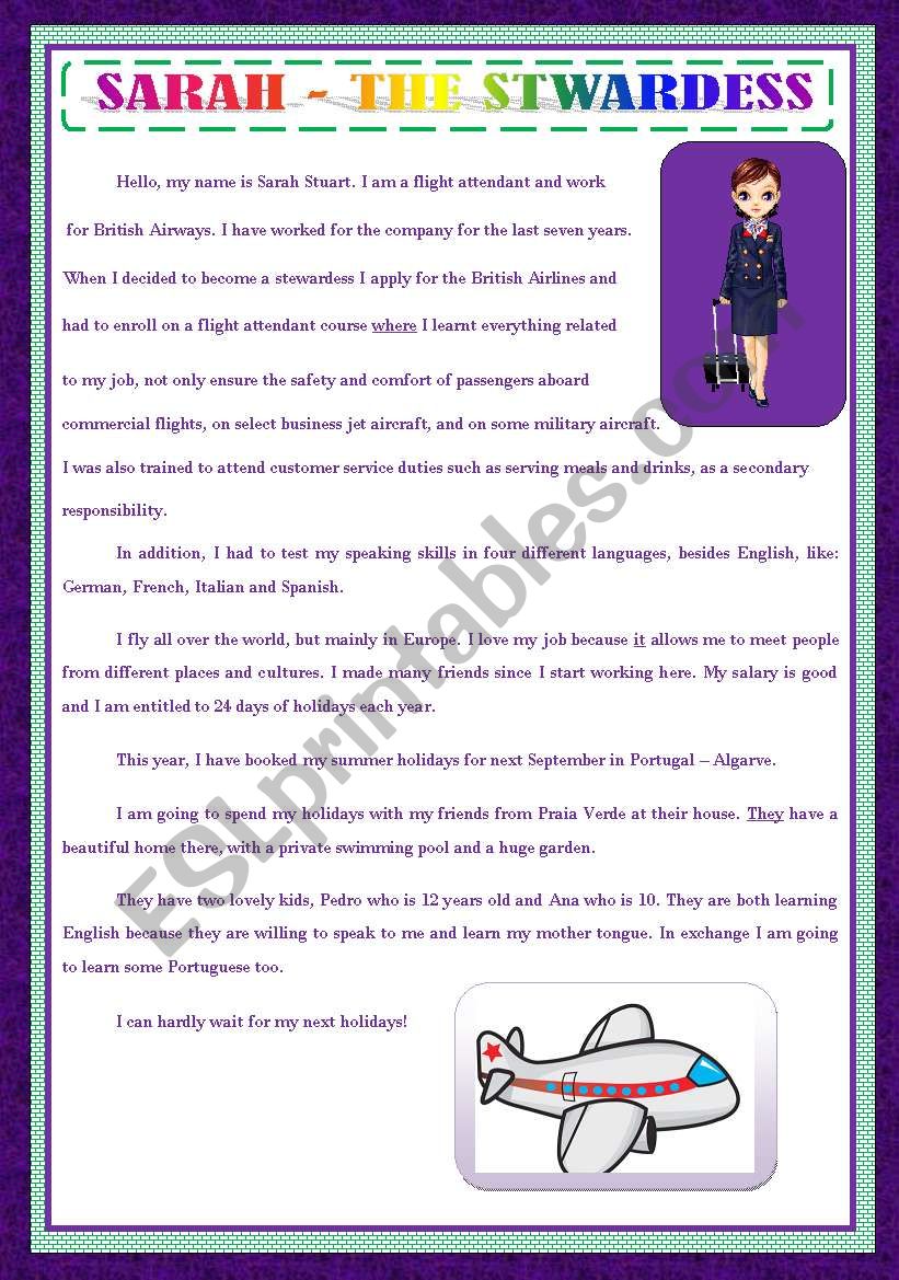 SARAH - THE STEWARDESS / JOBS worksheet