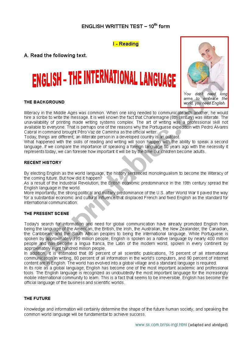 Test - English in the world worksheet
