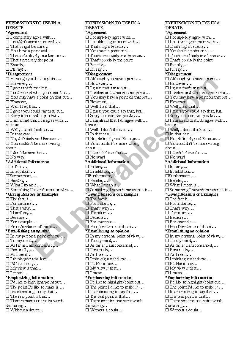 Debate Expressions worksheet