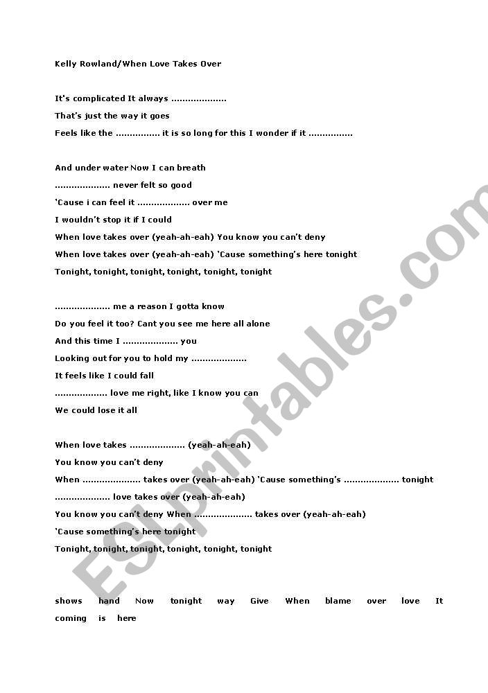 Kelly Rowland/When Love Takes Over Song Worksheet