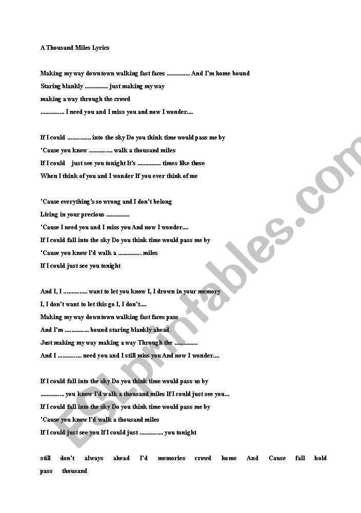 Vanessa Carlton/A Thousand Miles Song Worksheet