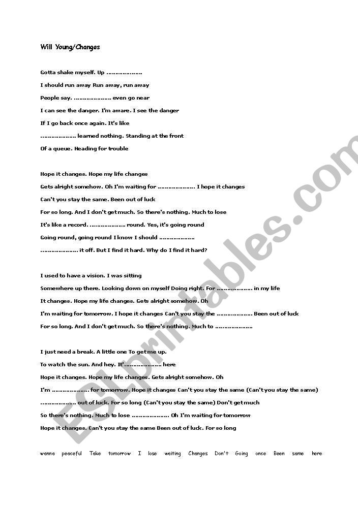 Will Young/Changes Song Worksheet