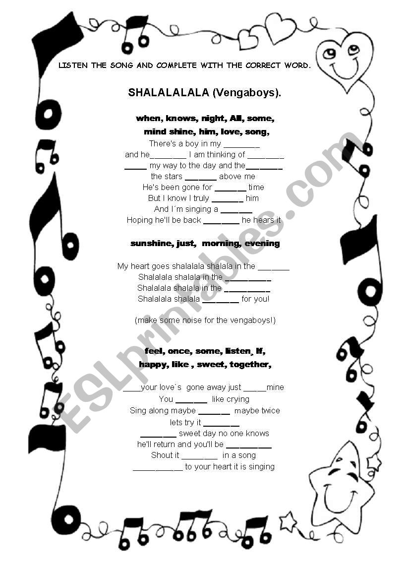 song shalalalala worksheet