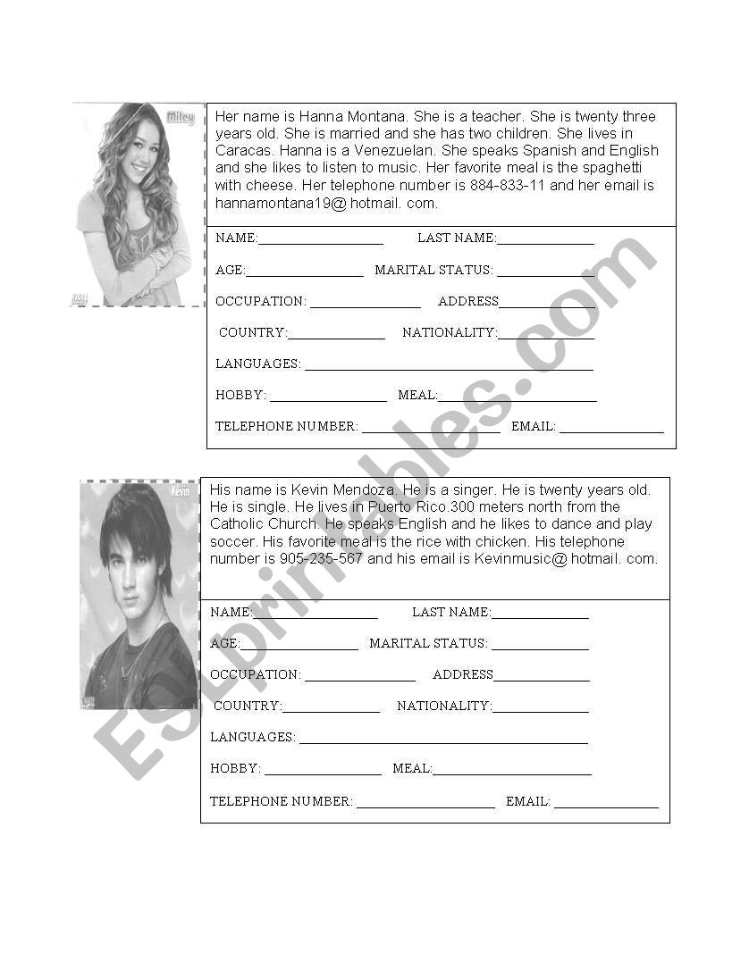 Personal information chart worksheet