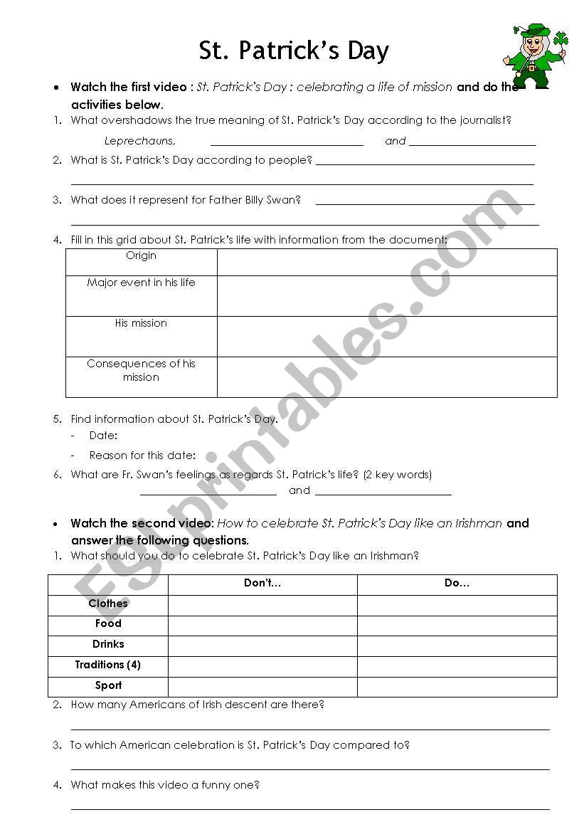 St PatrickÂ´s Day - 2 videos worksheet