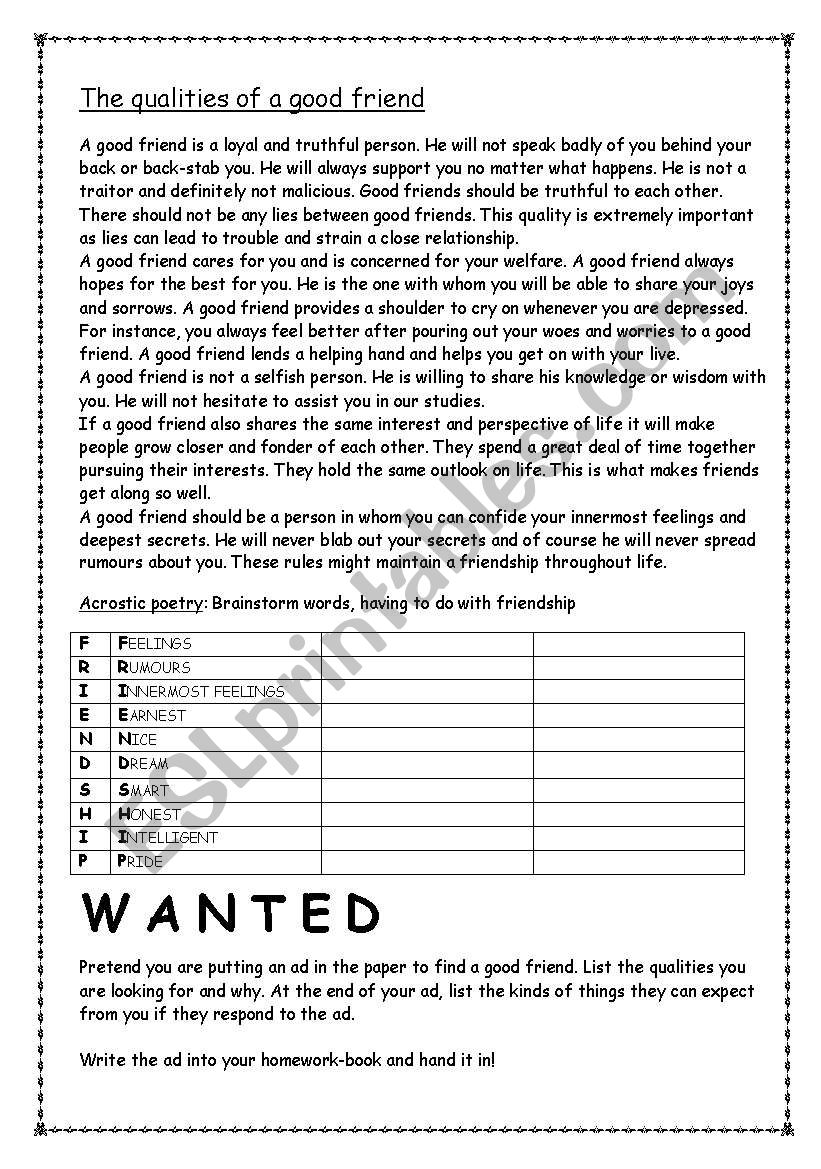 Qualities of a friendship worksheet