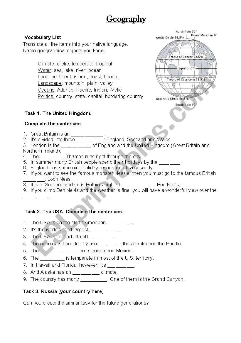 Geography. The UK and the US. Vocabulary Exercises