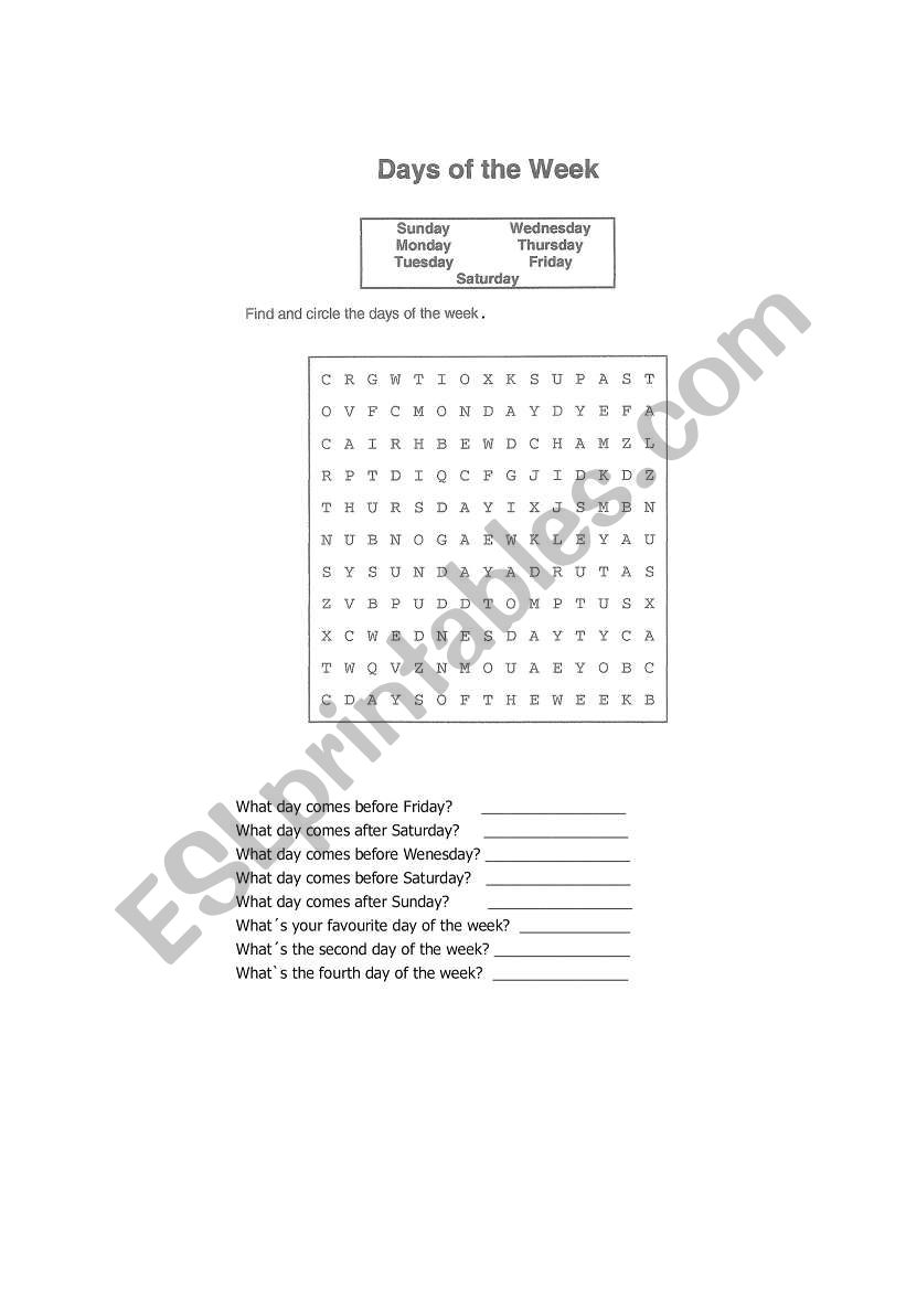 Days of the week. Puzzle. worksheet