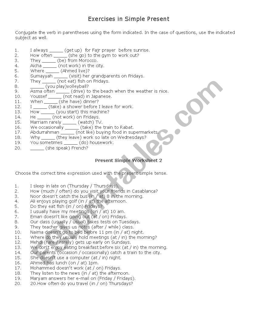 worksheet using simple present