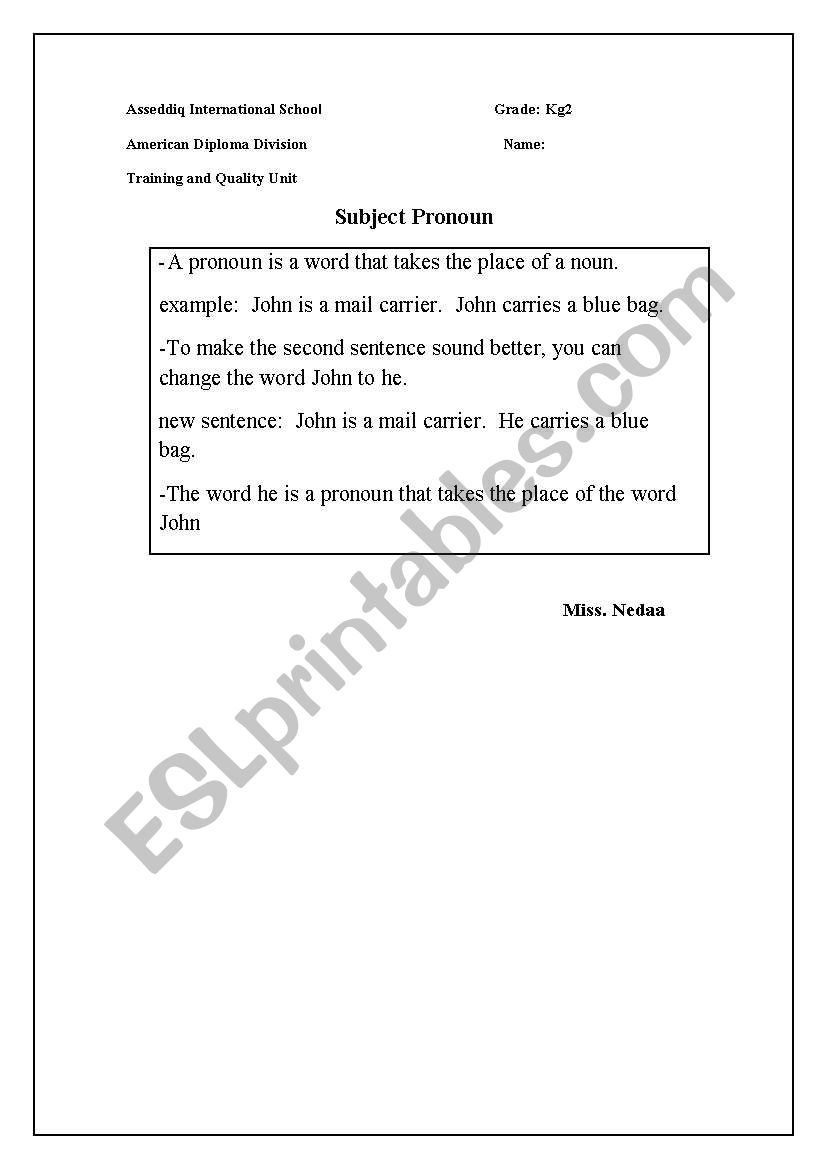 explain pronoun worksheet