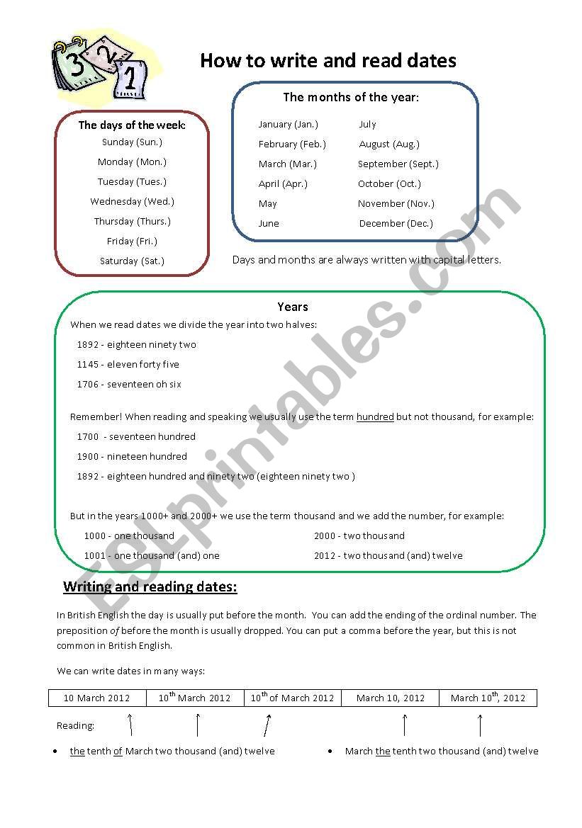 How to write and read dates worksheet