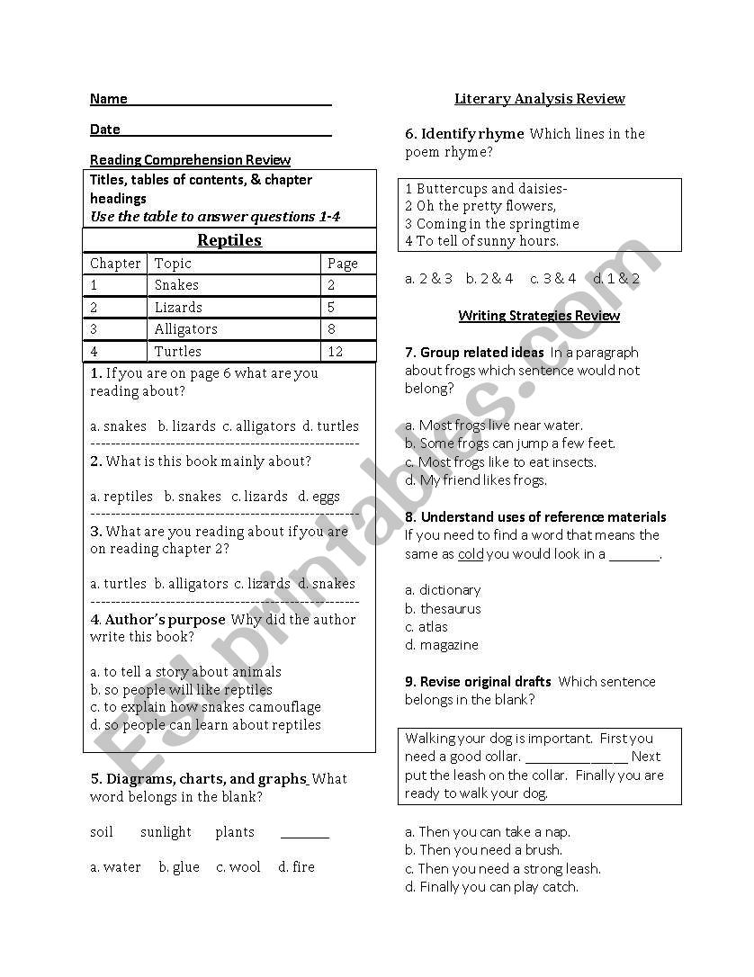 Reading and writing test prep grade 2