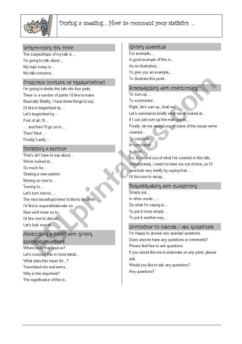 presentation in a meeting worksheet