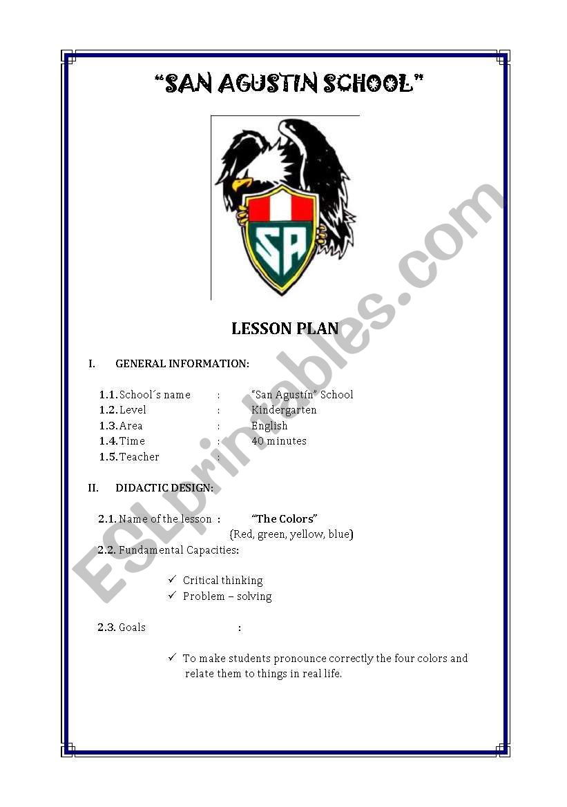 LESSON PLAN ABOUT COLORS worksheet