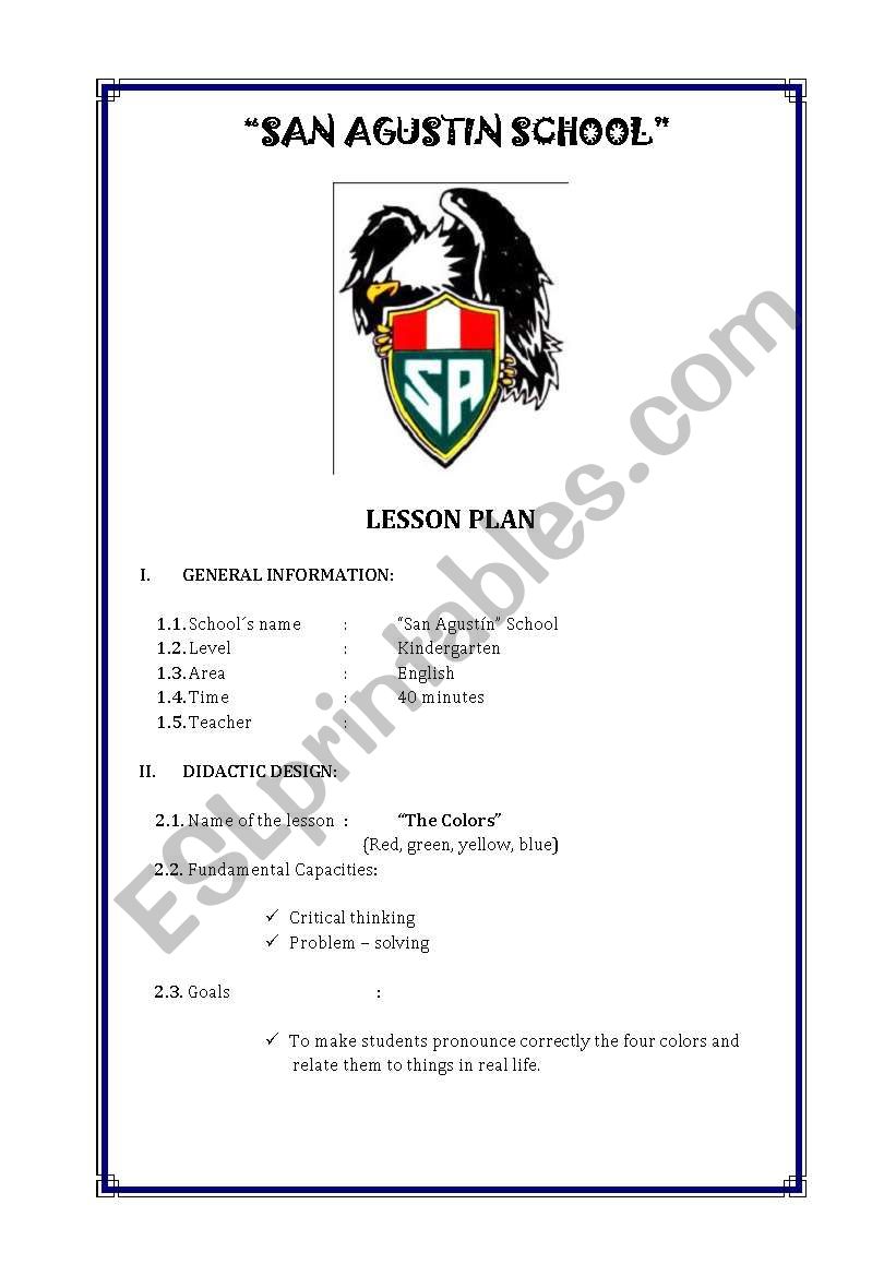 LESSON PLAN ABOUT COLORS  ESL worksheet by bomberito