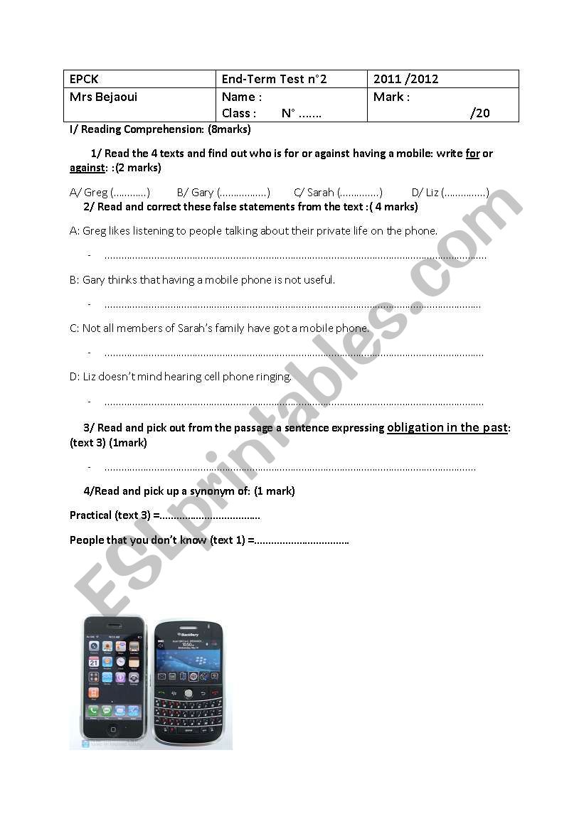 9th form end term test n2 worksheet