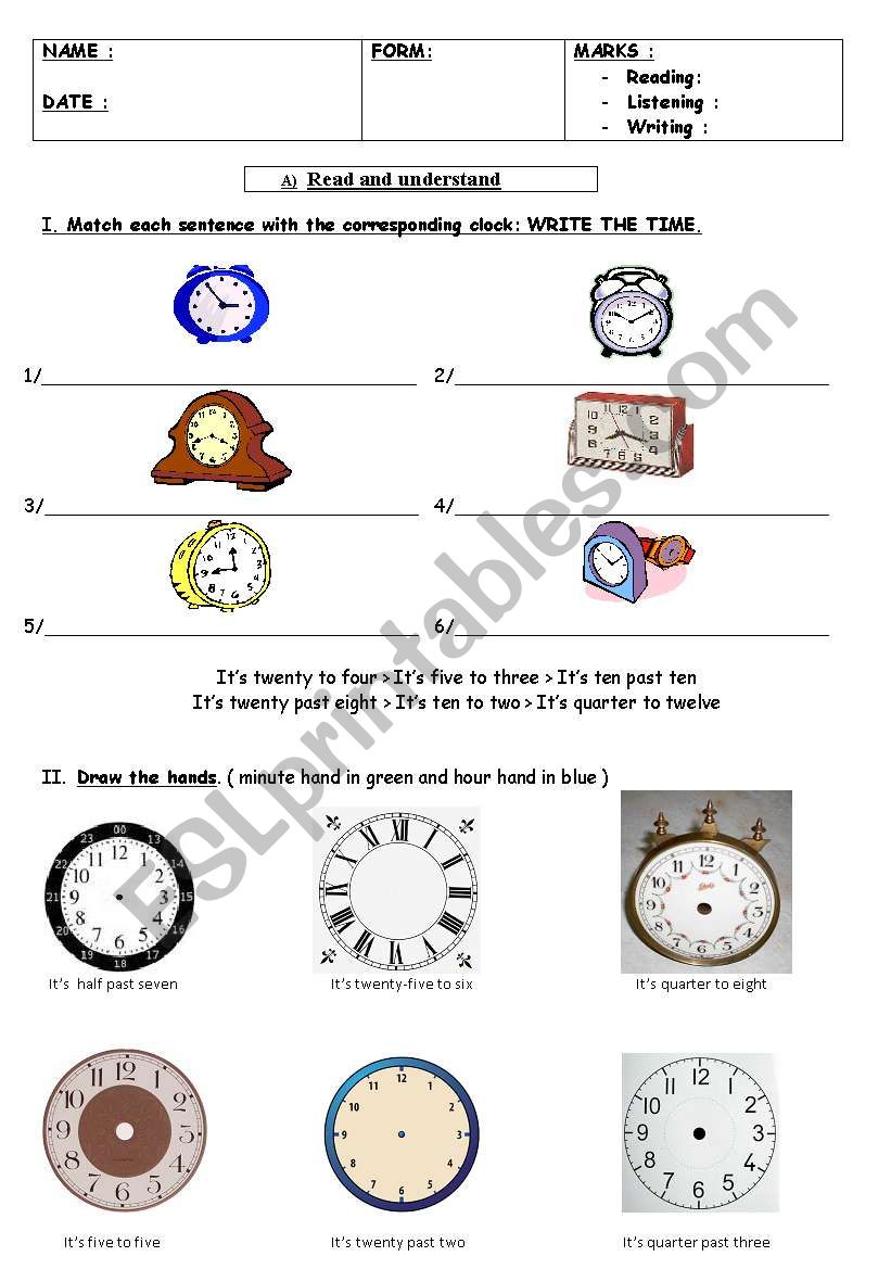 whats the time? test part 1  worksheet