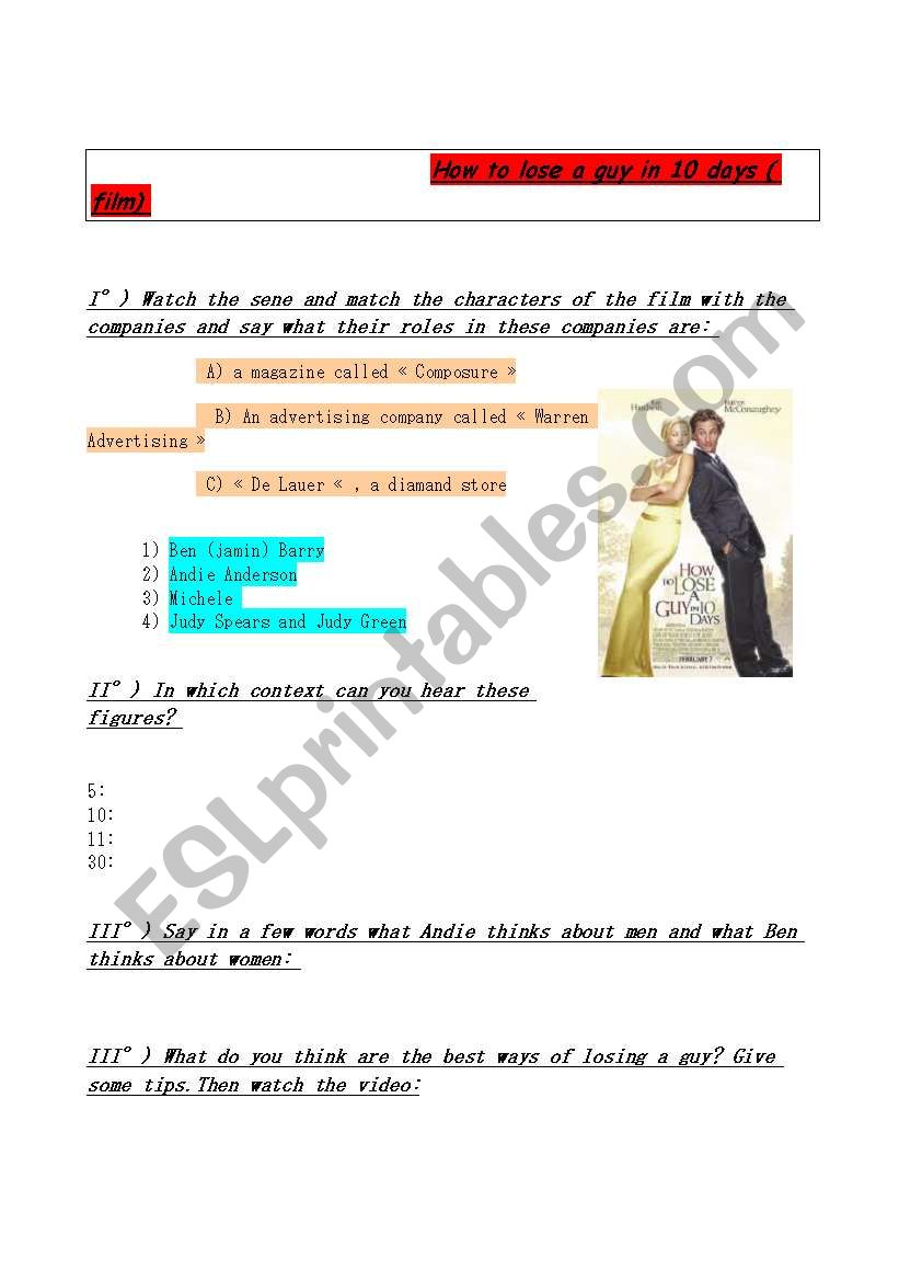 film: How to lose a guy worksheet