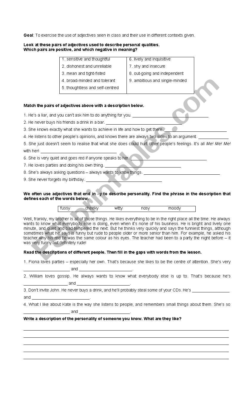 Adectives Guide worksheet