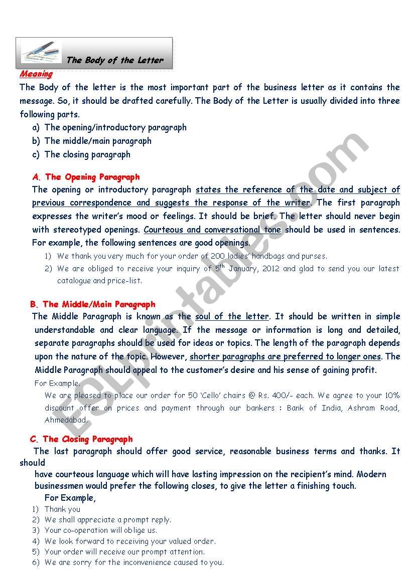 Body of the Letter worksheet