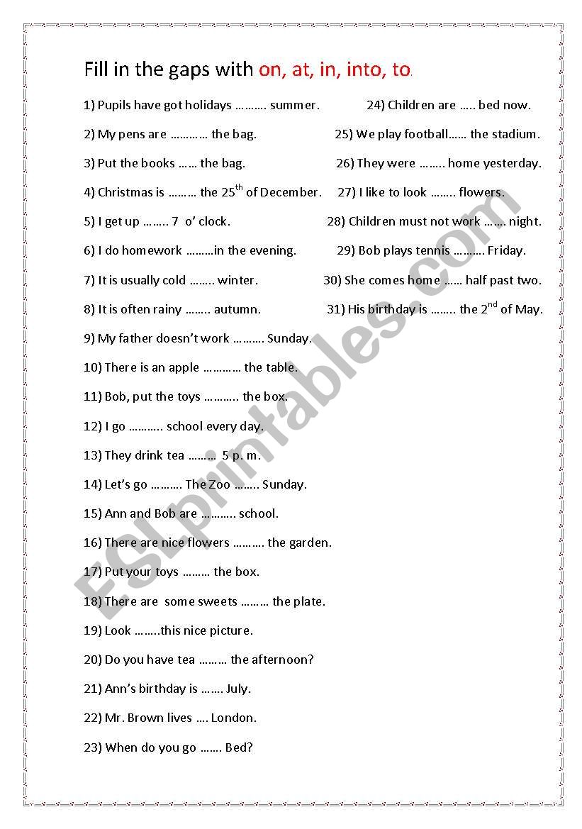 Prepositions worksheet