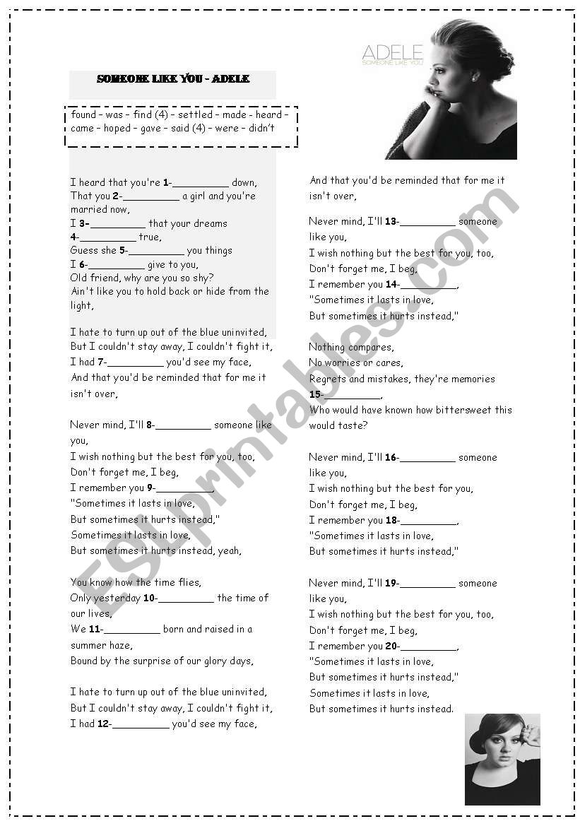 ADELE-SOMEONE LIKE YOU worksheet