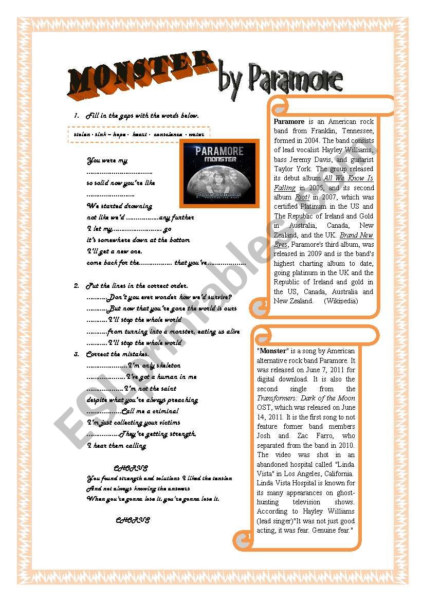 Monster by Paramore worksheet