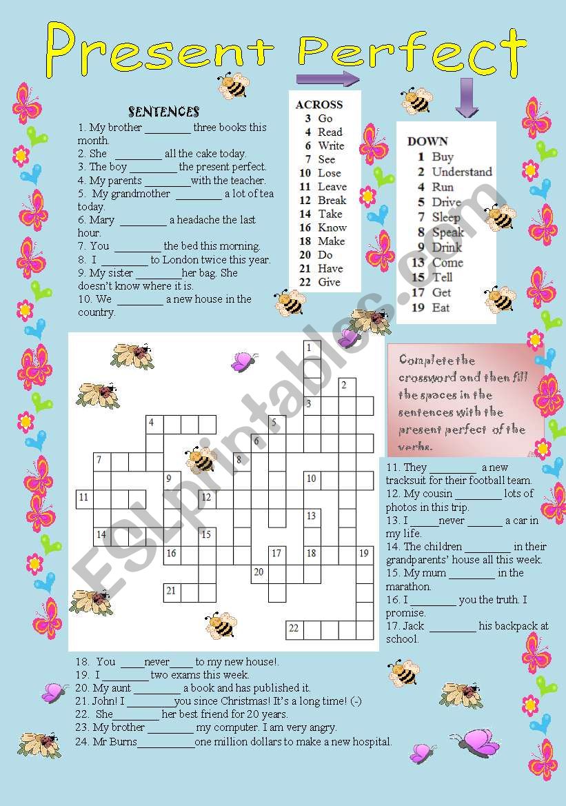 present perfect, crossword and sentences