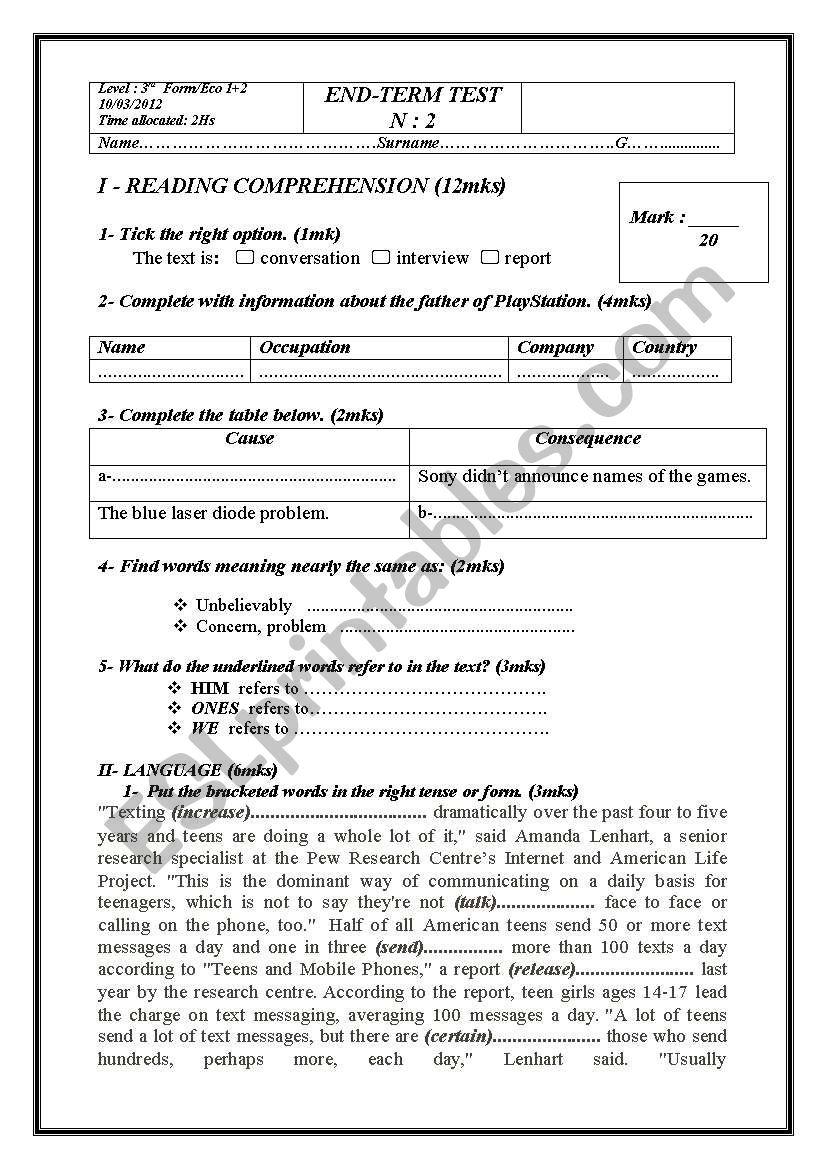 End-term test N:2 3rd form  worksheet