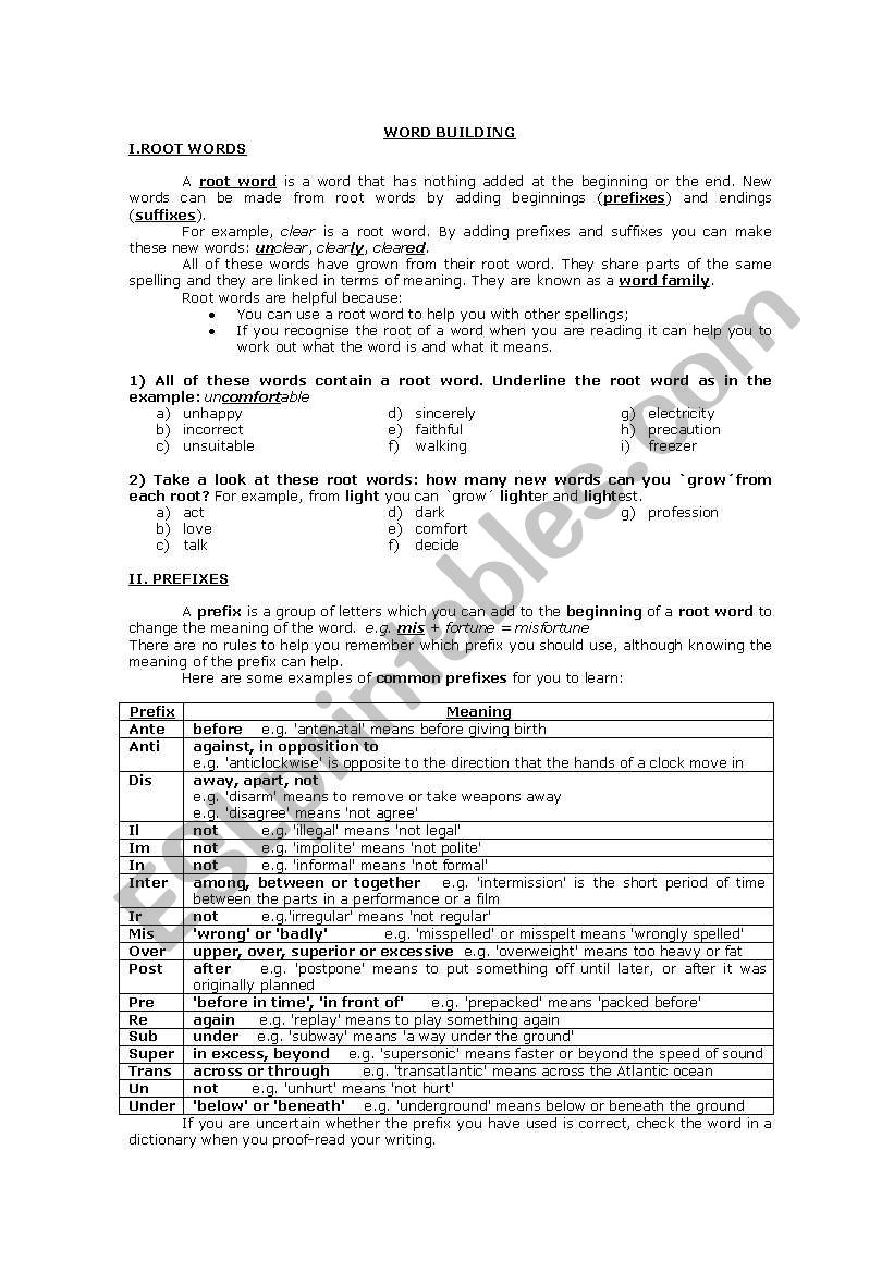 Word building worksheet