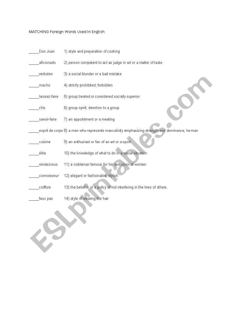 Matching - Foreign Words Used in English