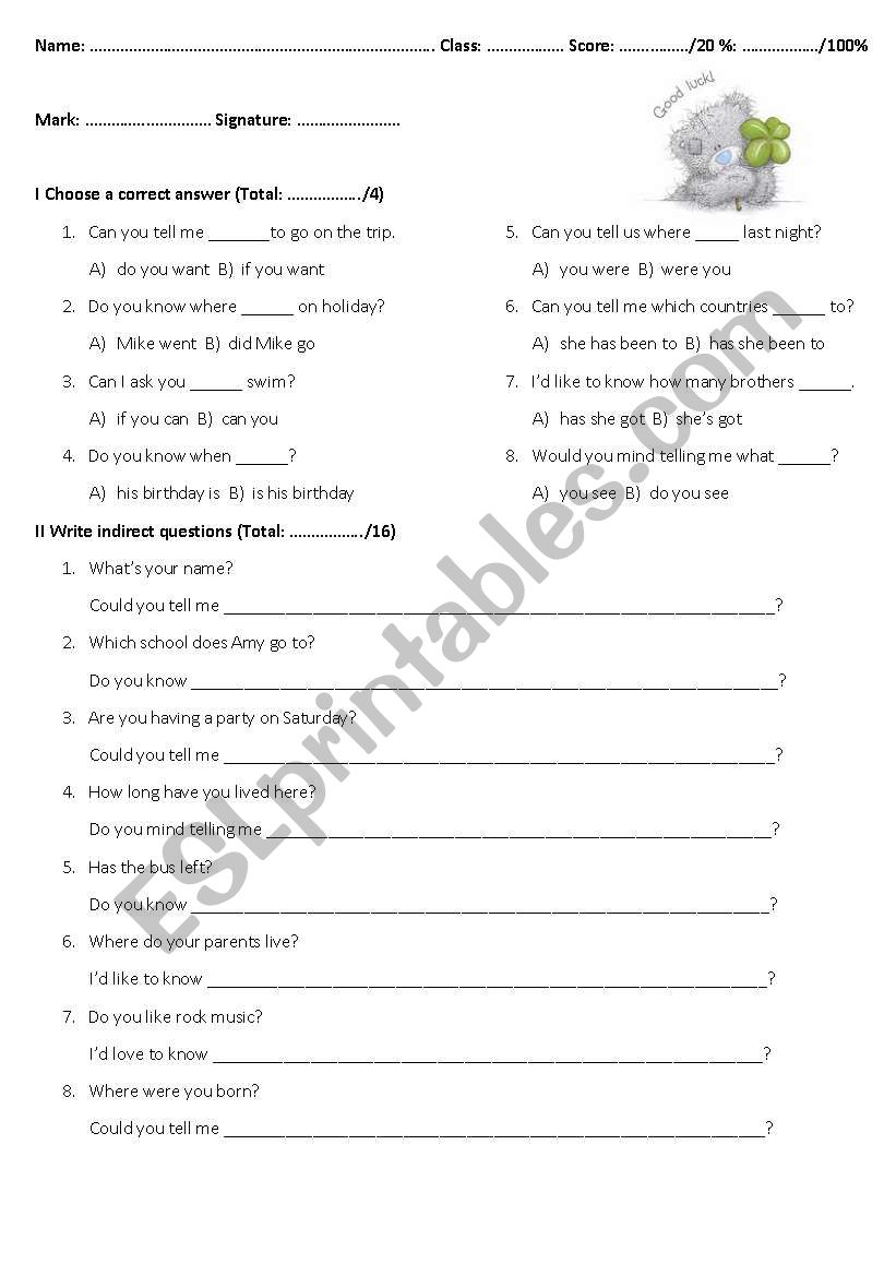 Indirect questions quiz worksheet
