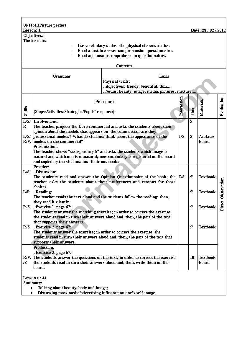 Class plan perfect picture worksheet