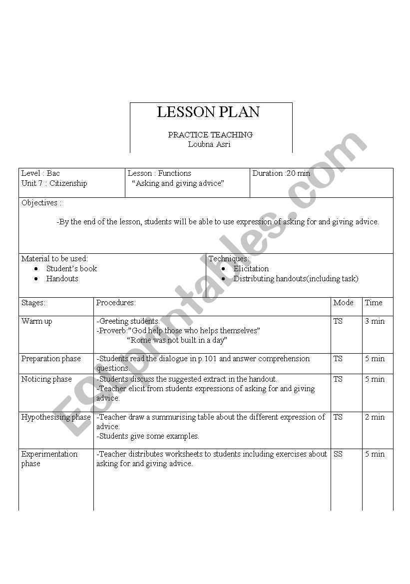 Aking for and giving advice worksheet