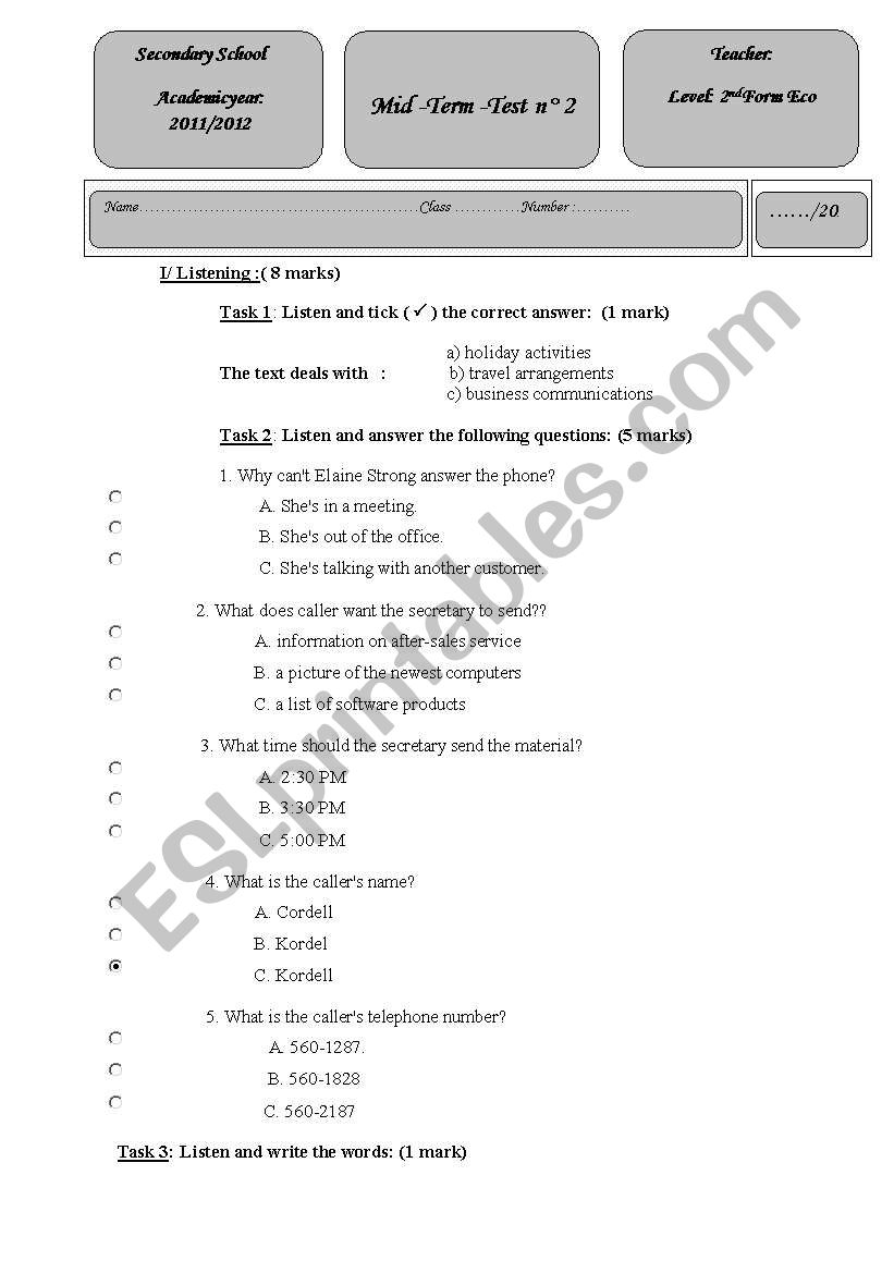 mid term test worksheet