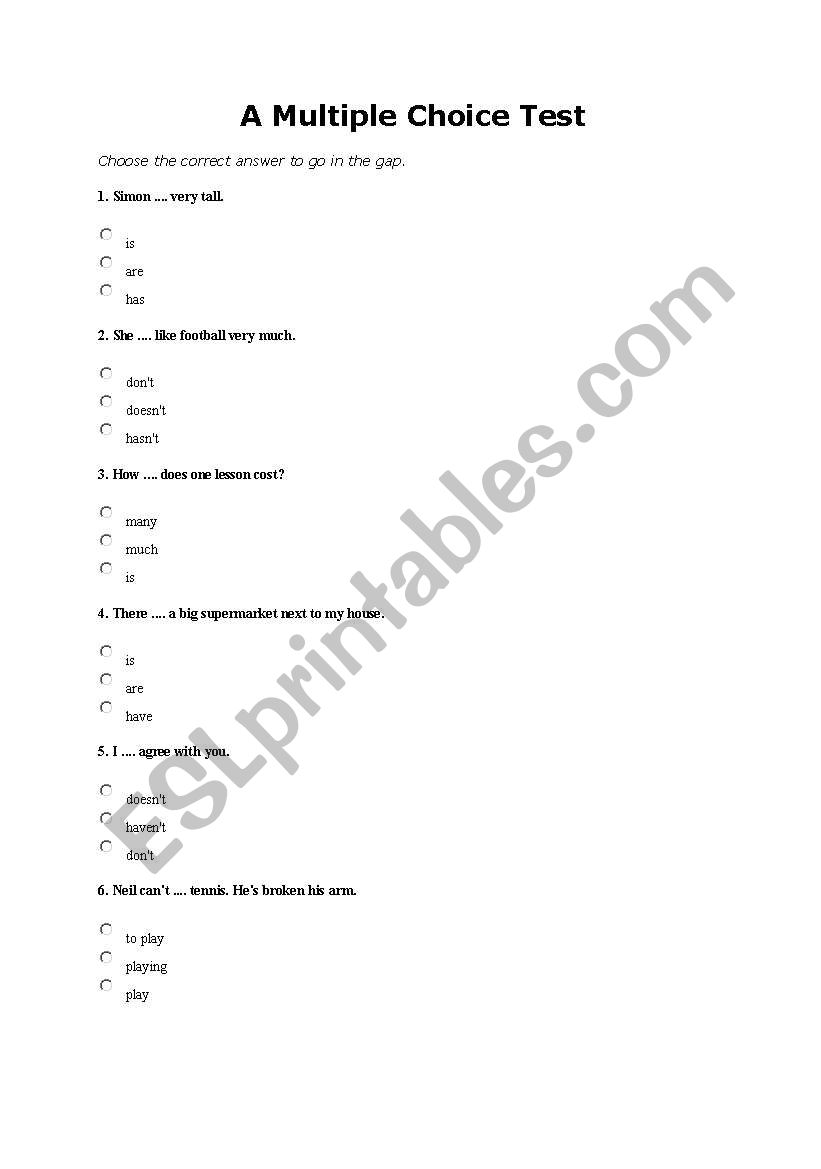 Placement Test worksheet