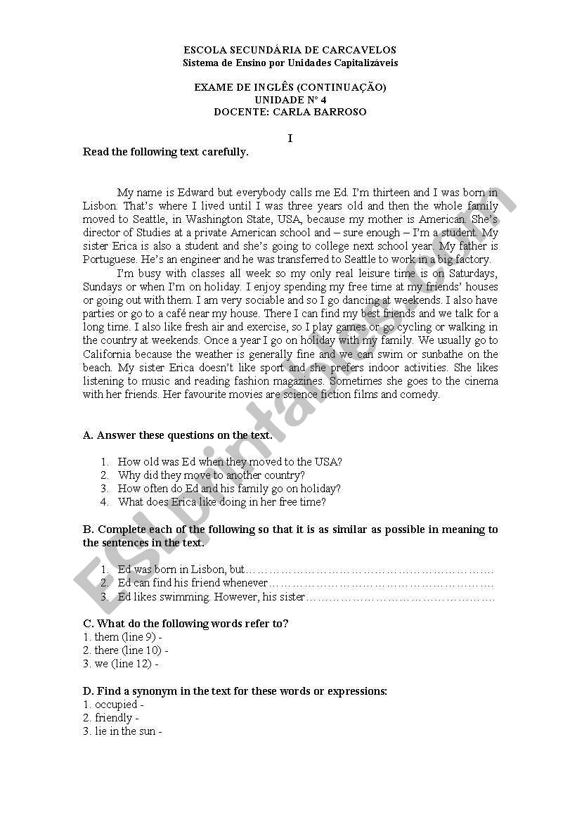 Leisure time worksheet
