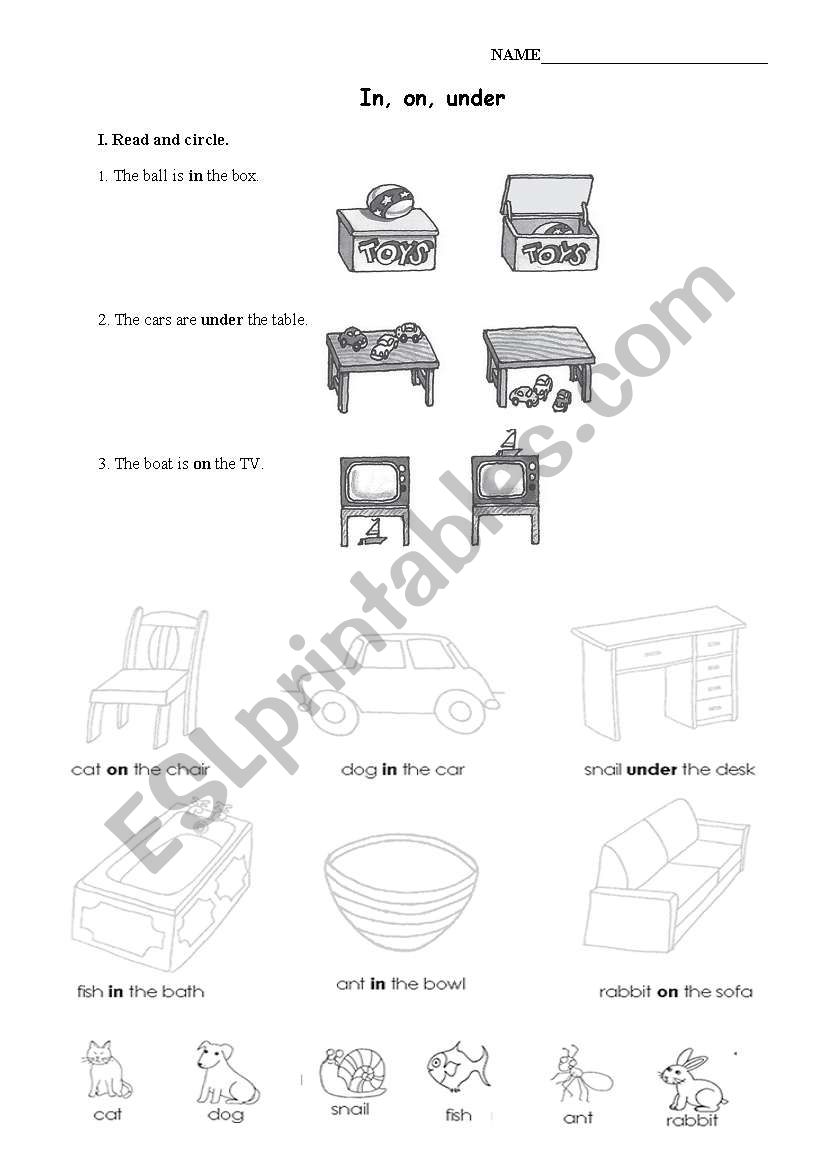 In on under worksheet