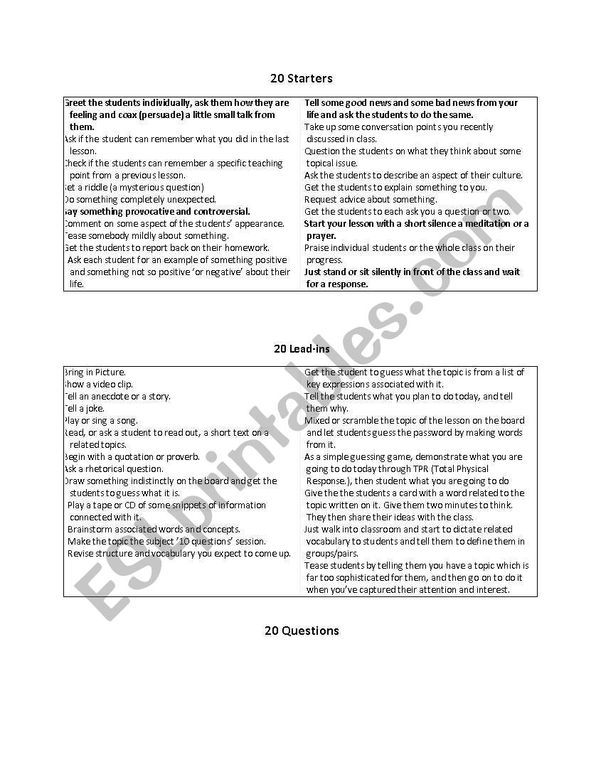 20 Starters worksheet