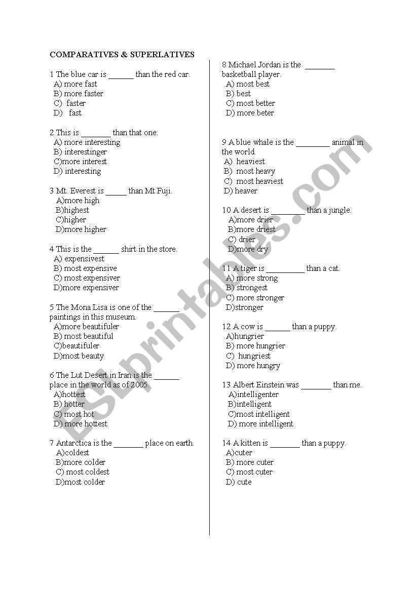 comparatives & superlatives worksheet