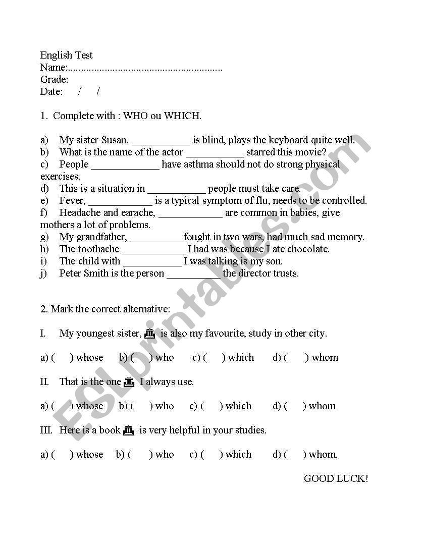 Test Who or which worksheet