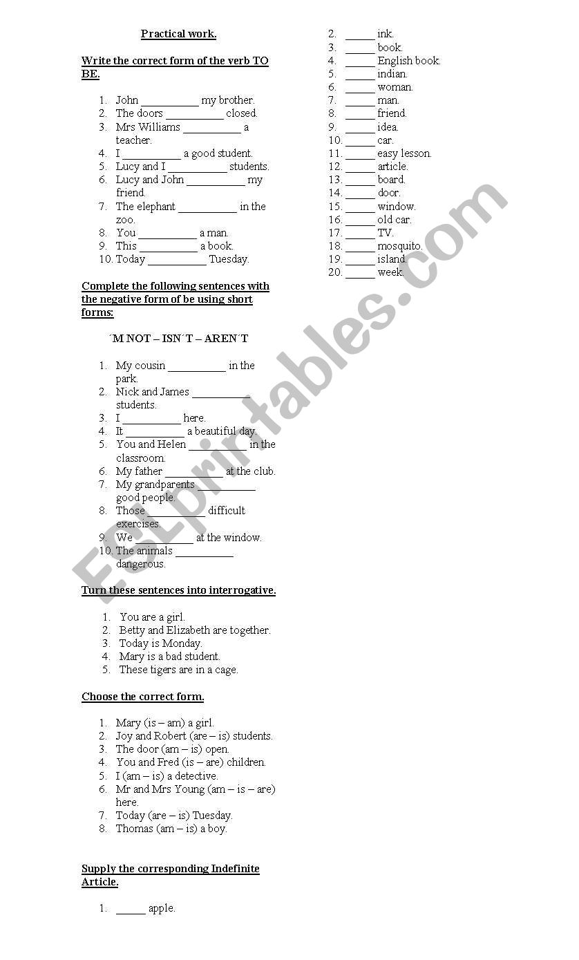 Practical work worksheet