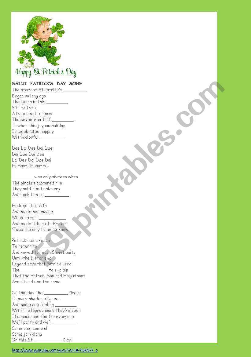 SAINT PATRICKS DAY SONG worksheet